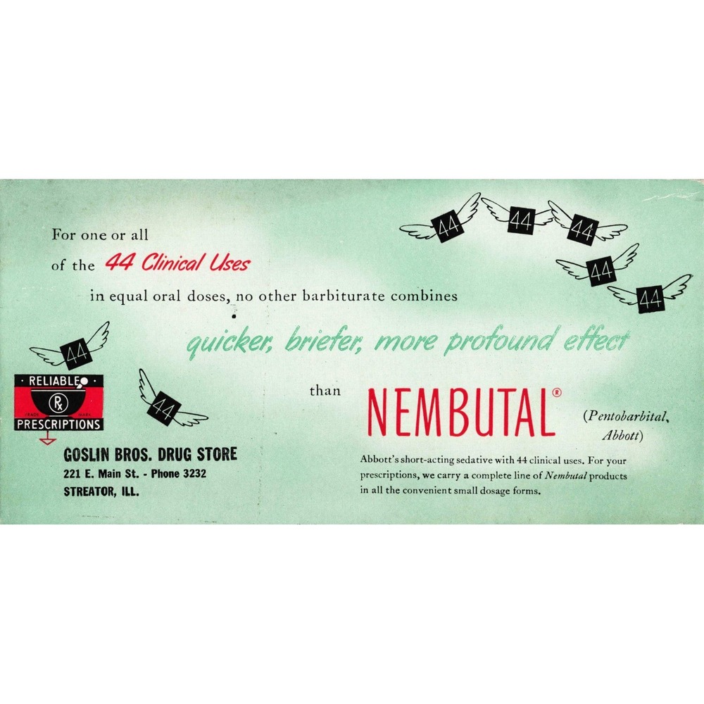 Vtg Nembutal Abbott Pharmaceutical Advertising Blotter Goslin Bros Drug Store